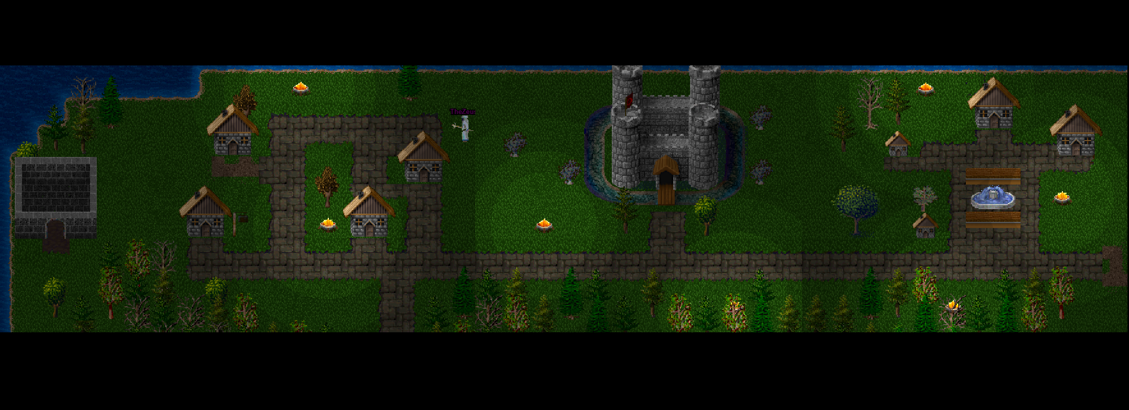 The world of Mirage – top-down pixel-art MMORPG overworld with a medieval castle town